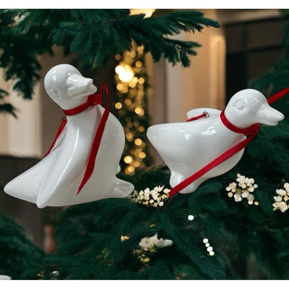 Department 56 White Geese Ducks Set Christmas Ornament Fine Bone China Vintage
